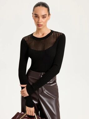 Commense Black Sheer Panel Ribbed Knit Top Size XS NWT